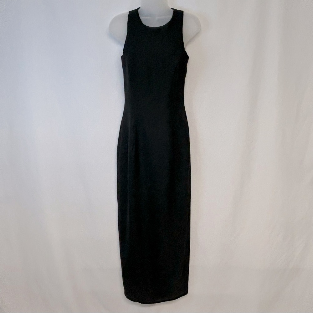 Vintage Long Sleeveless Evening Dress Round Neck Slit Crepe Black Classic Glam